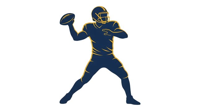 Energetic american football quarterback throwing a pass, depicted in a stylized blue and gold outline vector illustration on a clean white background.