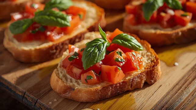 A close-up of freshly made Bruschetta al Pomodoro, crispy toasted bread topped with diced tomatoes, basil, garlic, and a drizzle of olive oil, served on a rustic wooden board