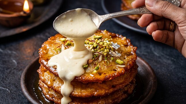 Pouring thick rabdi cream over Malpua pancakes with saffron syrup and pistachios