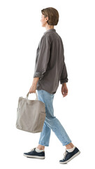 Naklejka na ściany i meble Full length portrait of a young woman walking isolated transparent PNG, student girl full body photo with transparent background precisely cut out with clipping path.