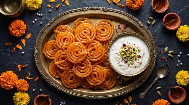 Traditional indian jalebi served with creamy rabri in a brass tray on dark stone