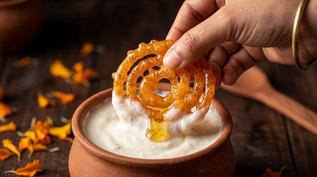 Hand dipping crispy orange jalebi into a bowl of creamy white yogurt or curd