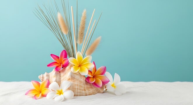 A tropical conch shell decorated with vibrant plumeria flowers and dried grass on white sand