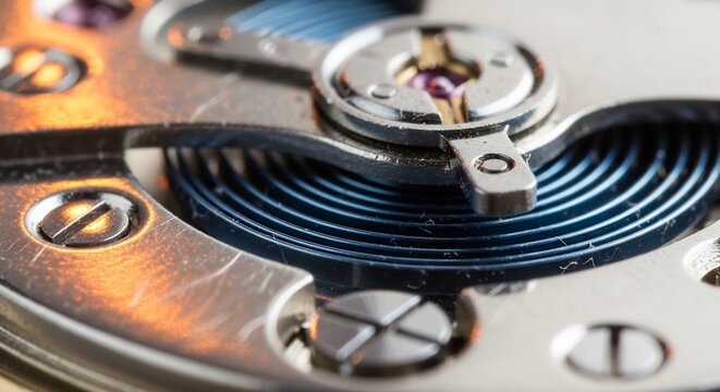 Close-up Macro Shot of Intricate Watch Mechanism with Blue Spiral Spring.