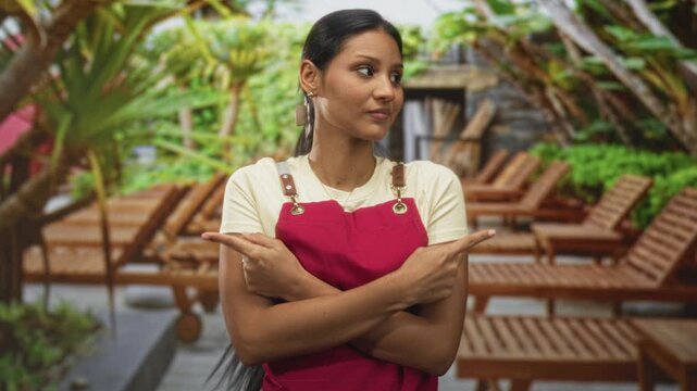 Woman in red apron crosses arms and points fingers both ways on a resort pool deck; uncertain choice.