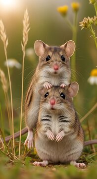 Two mice standing together in a field of tall grass with sunlight