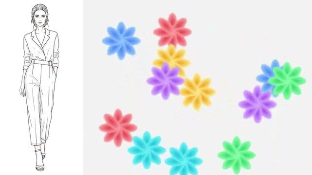 Minimal fashion model line drawing with colorful flower icons, animated floral sticker style on white background, spring design elements for ads