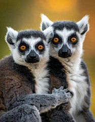 Naklejka premium Two lemurs with striking eyes, nestled together against a warm background