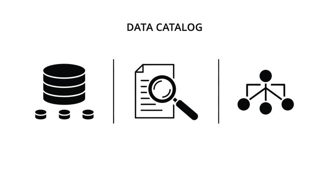 Data catalog icons representing database analysis and connections silhouette