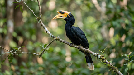 Obraz premium Malabar pied hornbill perched on forest branch, black plumage with yellow-orange casque beak, tropical rainforest green background.