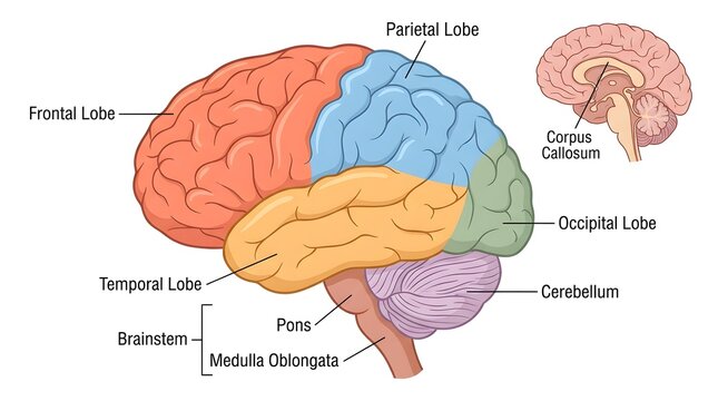 A detailed anatomical illustration of the human brain, clearly labeling its lobes and structures, with an inset sagittal view on a white background.
