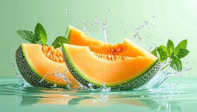 Two melon wedges and mint sprigs with water splashing, teal backdrop