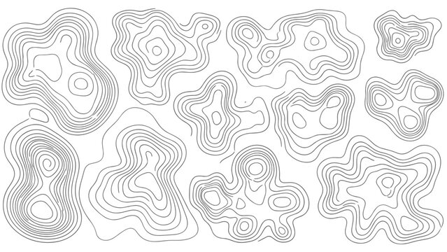 Abstract pattern of black topographic map contour lines on a white background representing terrain height and geographic elevations for layout design.