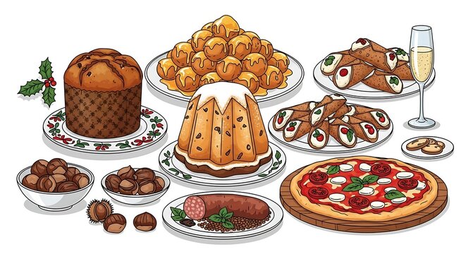 Variety of italian dishes pizza cannoli panettone and other culinary delights