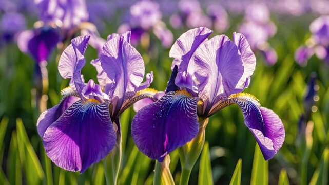 Beautiful Purple Iris Flowers Blooming in a Garden Sunlight.
