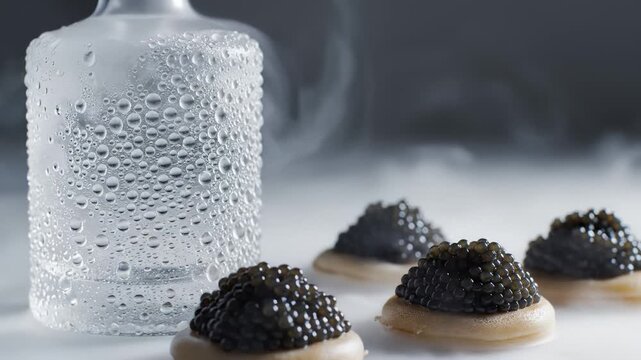 Elegant Appetizer of Caviar on Blinis Next to a Chilled Bottle of Vodka