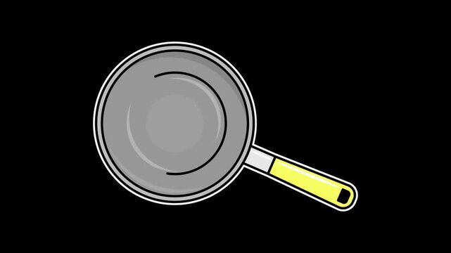 Seamless 4K animation of a swaying frying pan with a yellow handle on a transparent alpha channel. High-quality kitchenware motion graphic for cooking, chef, and culinary concept designs