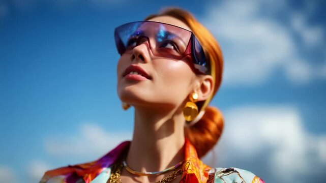 A confident young woman wearing stylish sunglasses and vibrant clothing gazes upward, embodying a sense of fashion and optimism against a bright blue sky backdrop.