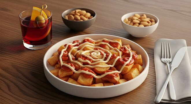 Patatas bravas served artistically with spicy tomato sauce and creamy aioli, accompanied by a dark vermouth cocktail and bowls of marcona almonds.
