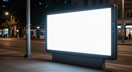 Fototapeta premium Blank Illuminated Billboard Mockup on City Street at Night with Copy Space