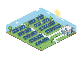 Obraz premium Solar panels generate electricity on a green field near a house