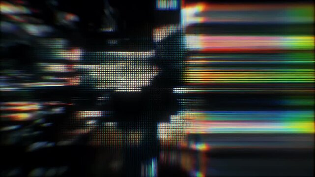 Close-up Cinematic Pan Severely Distorted Digital Screen Chaotic Pixelation Flicker Color Shift