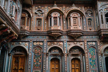 Fototapeta premium A background of traditional Indian architecture featuring detailed stone carvings and vibrant colors against ancient walls 
