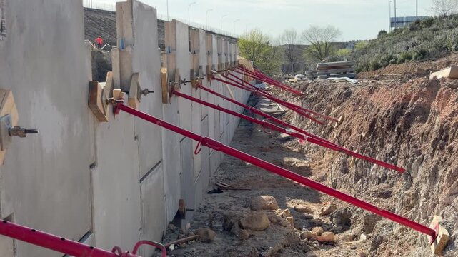 Prefabricated concrete panels forming a retaining wall on a construction site