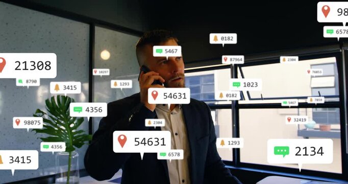 Businessman tapping phone while alerts piling up, calling while animated badges floating around him