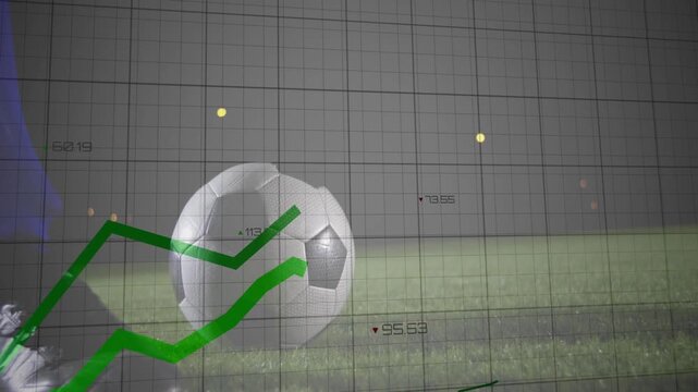 Displaying soccer ball sitting on grass pitch at stadium, with wiregrid, green graphs, boot