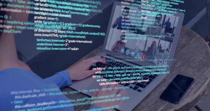 Typist typing on laptop, initiating code overlay spreading over keys and call grid for tech meeting