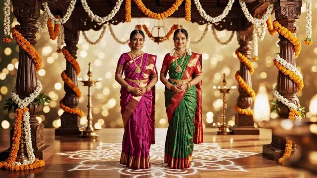 Two women in vibrant sarees celebrate puthandu with kuthuvilakku and floral kanni in a warmly lit traditional setting.
