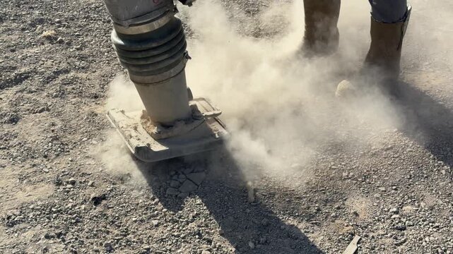 Female construction worker compacting soil with a tamping rammer