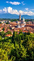 Obraz premium Aerial view of a town with church and trees