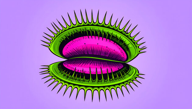 Bold graphic illustration of a venus flytrap with stylized teeth and vibrant pink interior in acid green generative AI
