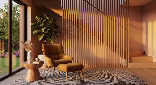 A comfortable armchair and ottoman sit beside a vertical wooden slat room divider bathed in warm morning sunlight.
