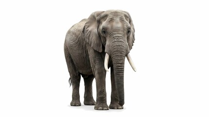 Fototapeta premium Large Gray Elephant Standing Facing Forward with Visible Wrinkles and Two White Tusks