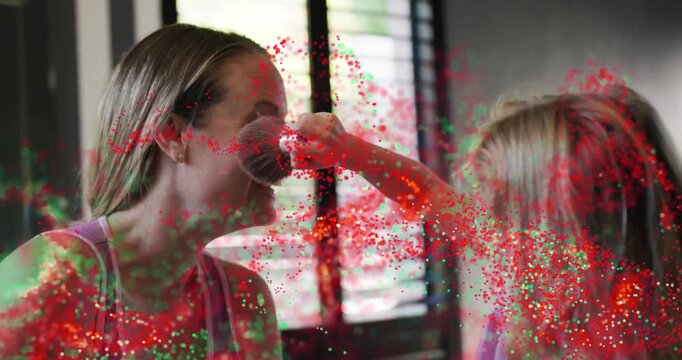 Mom, kid by shutters, lifting makeup brush and brushing face playful, red or green overlaying faces