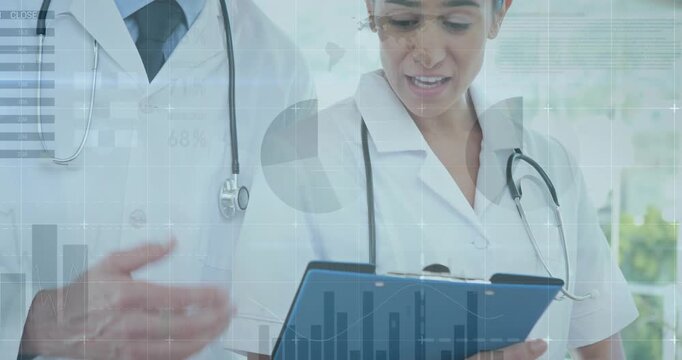 Junior MD holding blue clipboard as senior MD gesturing, causing medical chart review with overlays