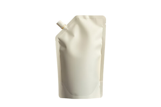 Empty white flexible plastic doy-pack pouch with spout and cap, ideal for showing product packaging for lotion, shampoo, or liquid