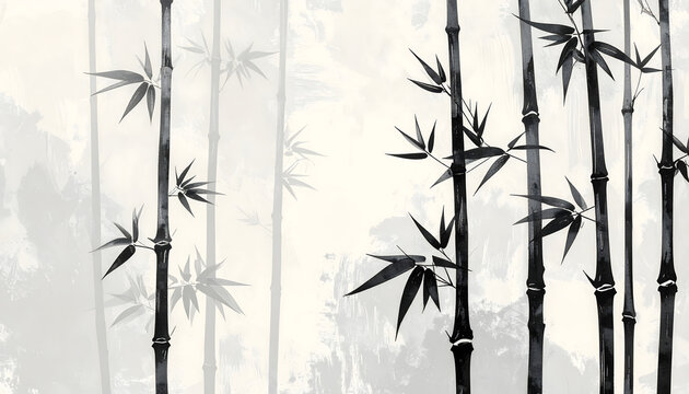 Minimalist graphic illustration of bamboo stalks with simple vertical lines stylized nodes and leaf clusters on light gray generative AI