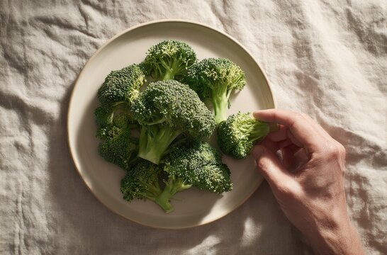 Hand Taking Fresh Broccoli Floret from White Plate on Linen Tablecloth