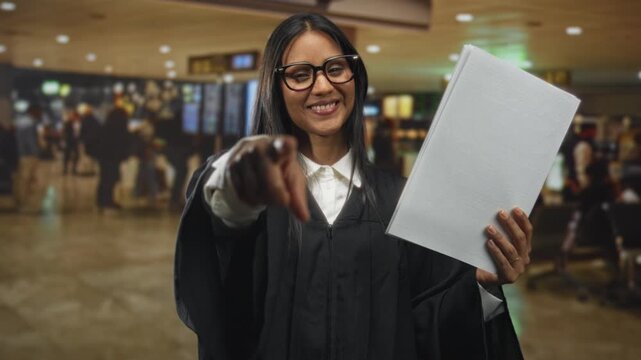Woman judge in black robe smiles and points finger at camera while holding a large white document in busy airport terminal; confidence authority.