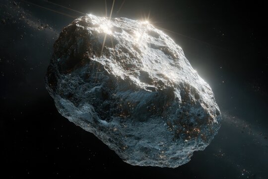 Large asteroid rock in deep space, cosmic background with light flare