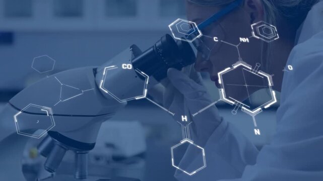 Female lab scientist using scope tuning focus and causing molecule icons expanding while analyzing