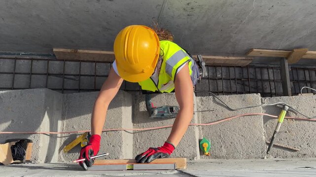 Construction worker marking a concrete floor using a spirit level