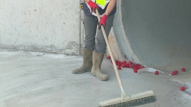 Construction worker sweeping a fresh concrete floor