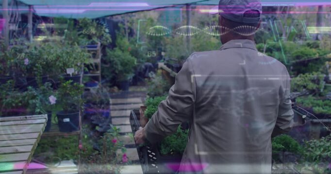 Gardener lifting crate and walking down nursery path, restocking benches while HUD overlays fading