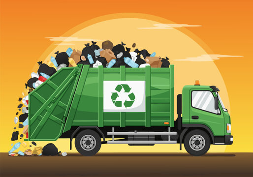 A Vibrant Vector Illustration of a Garbage Truck Filled with Waste, Representing Recycling and Sanitation Services