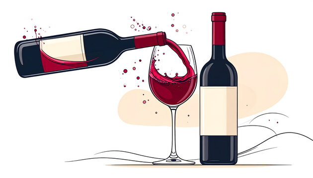 Graphic illustration of a minimalist wine bottle and glass with flowing deep red liquid elegant burgundy and black cream tones generative AI